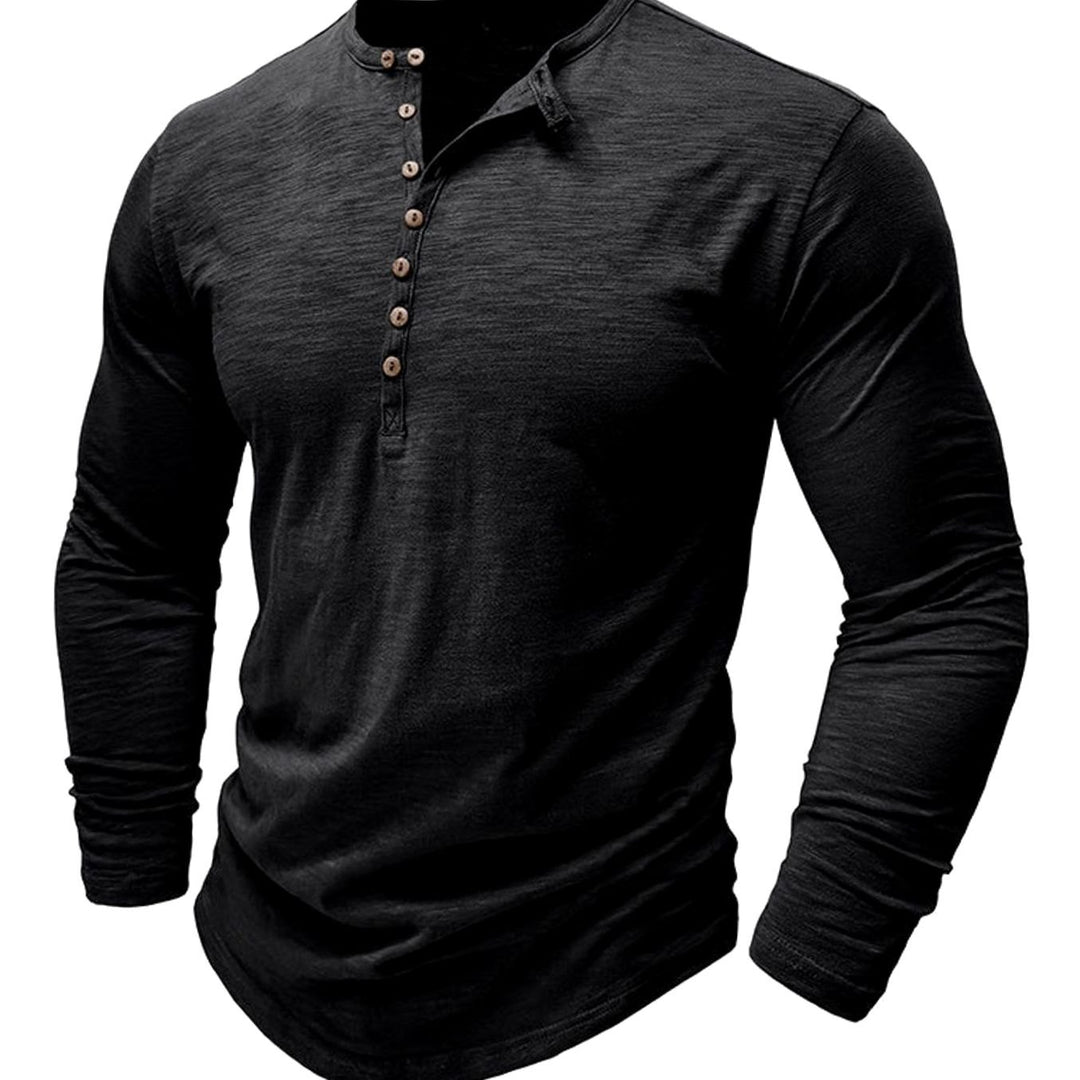 Men's Long-Sleeve Henley Shirt Button-Up Casual Tee