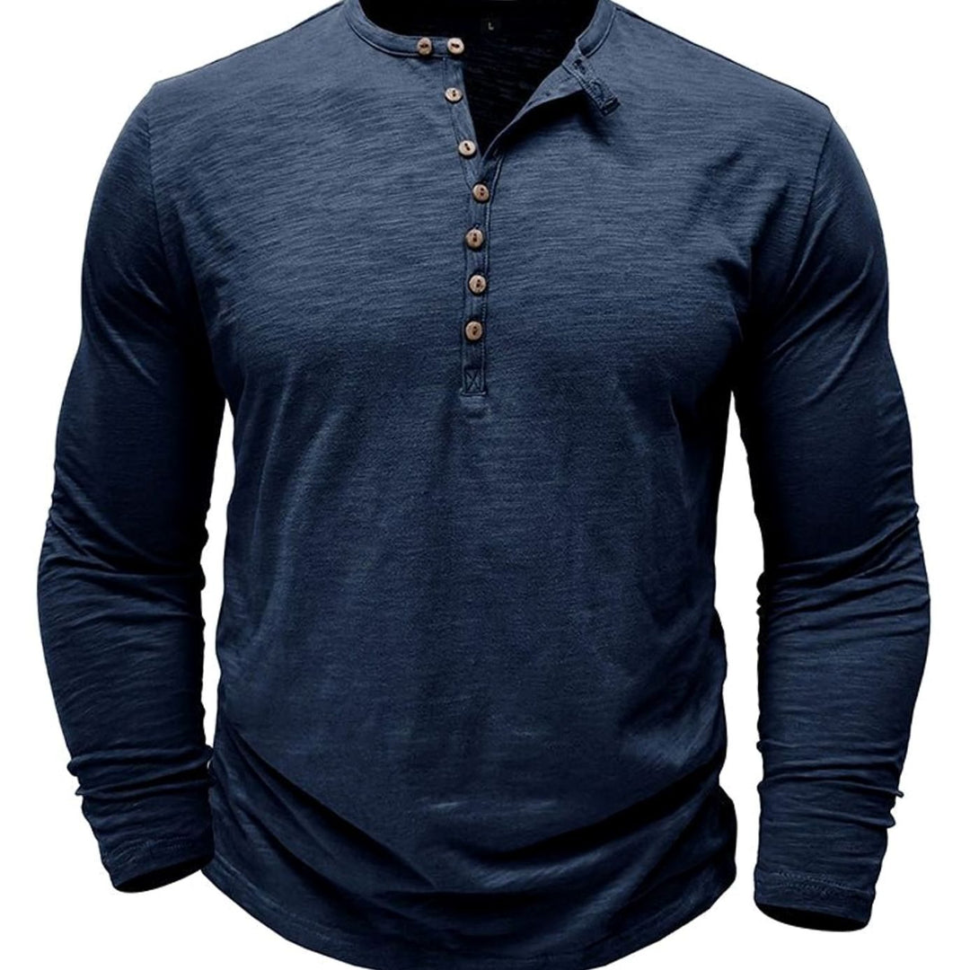 Men's Long-Sleeve Henley Shirt Button-Up Casual Tee - Navy Blue