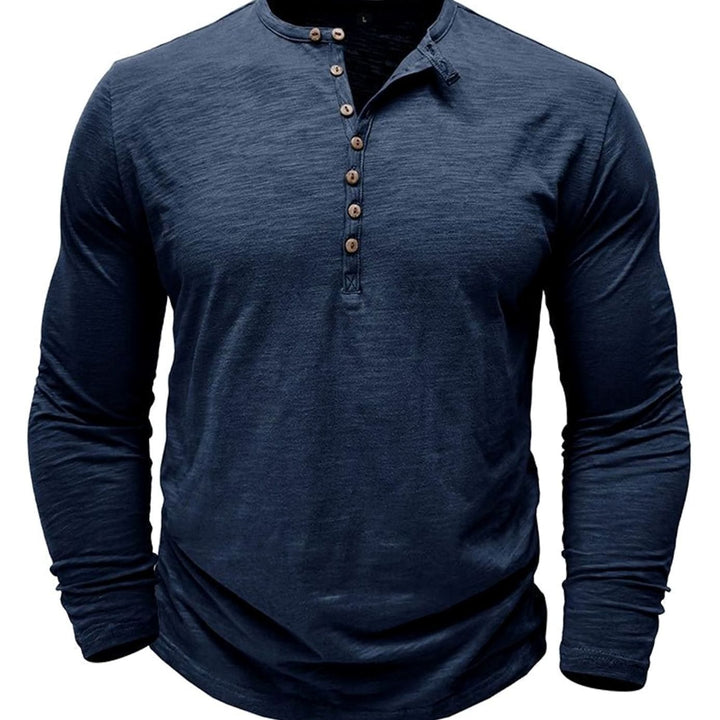 Men's Long-Sleeve Henley Shirt Button-Up Casual Tee - Navy Blue