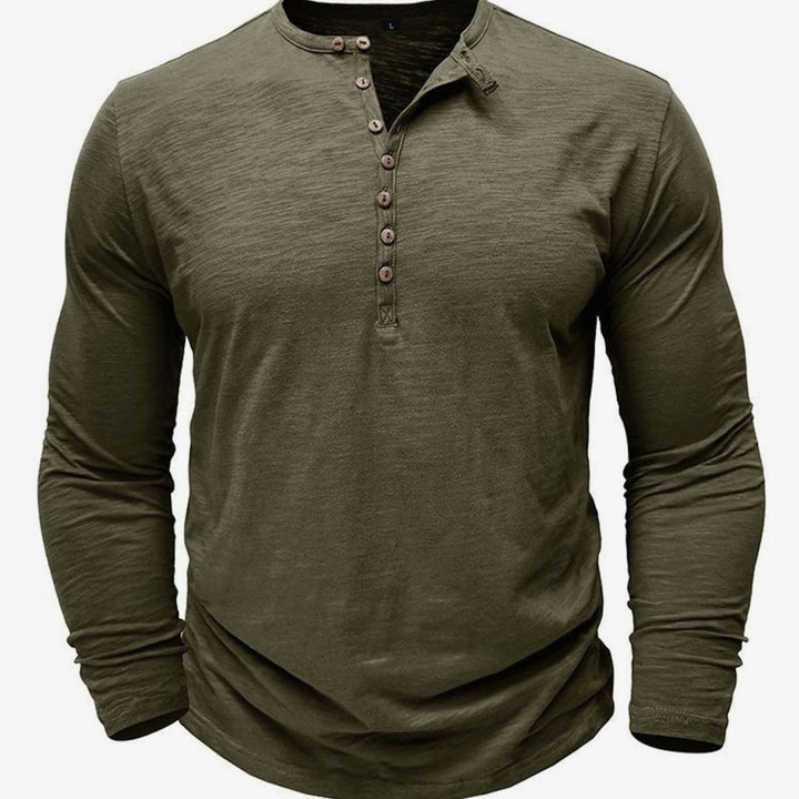 Men's Long-Sleeve Henley Shirt Button-Up Casual Tee - Army Green