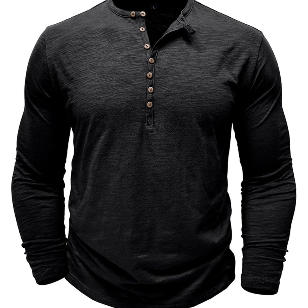 Men's Long-Sleeve Henley Shirt Button-Up Casual Tee - Black