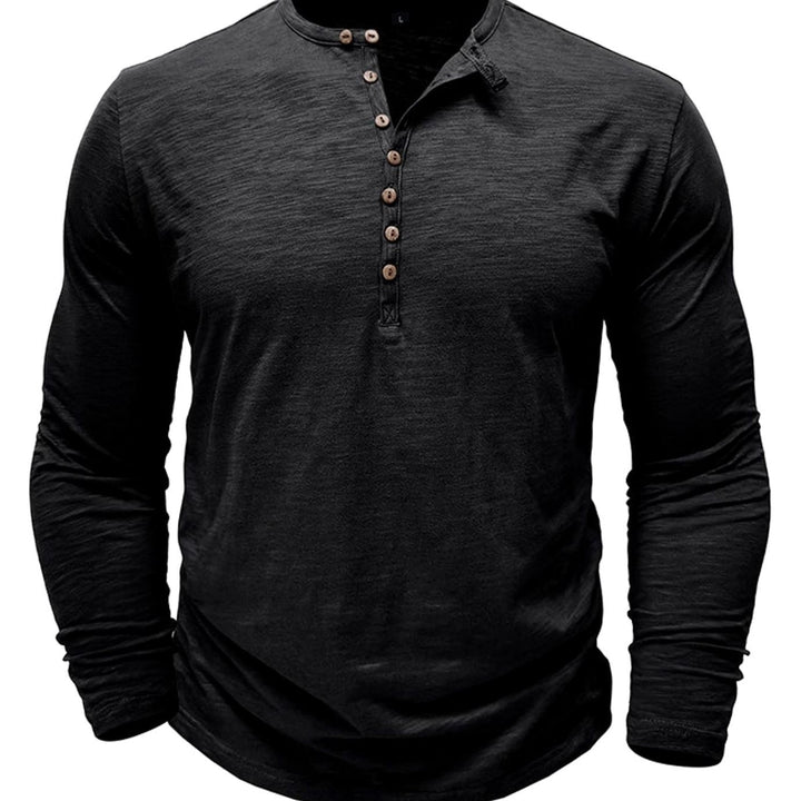 Men's Long-Sleeve Henley Shirt Button-Up Casual Tee - Black