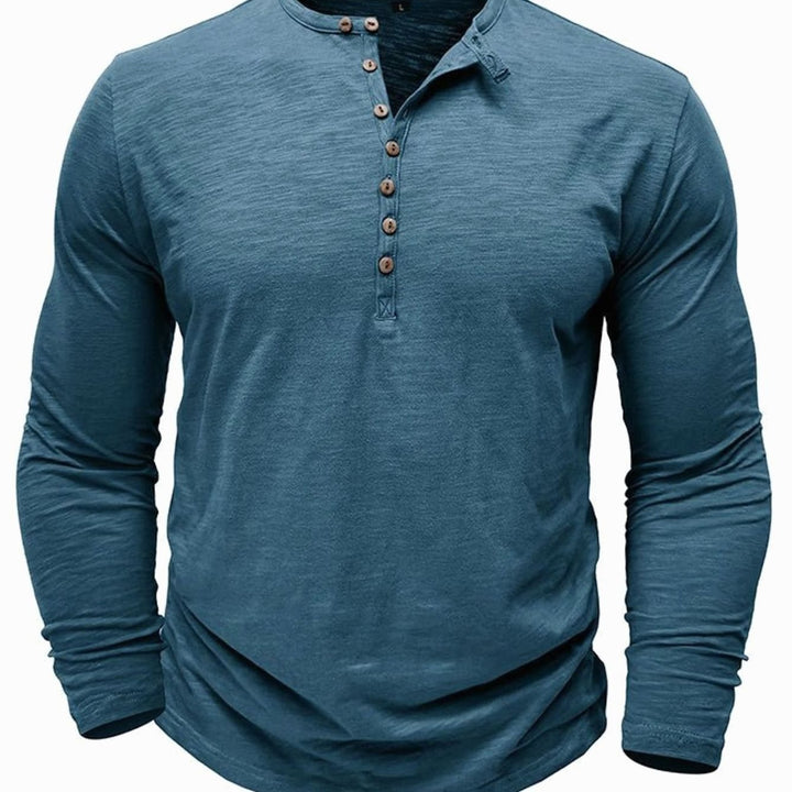 Men's Long-Sleeve Henley Shirt Button-Up Casual Tee - Denim Blue