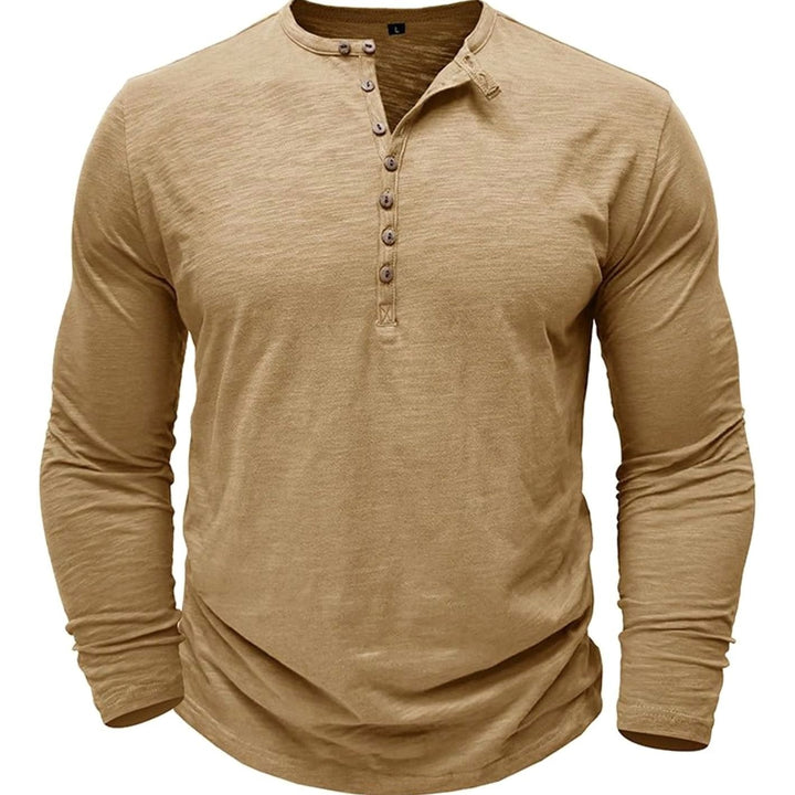 Men's Long-Sleeve Henley Shirt Button-Up Casual Tee - Khaki
