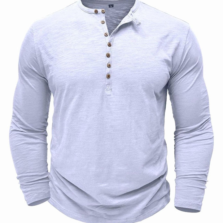 Men's Long-Sleeve Henley Shirt Button-Up Casual Tee - White