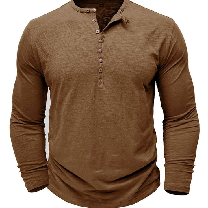 Men's Long-Sleeve Henley Shirt Button-Up Casual Tee - Brown