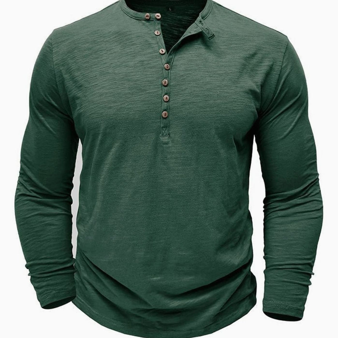 Men's Long-Sleeve Henley Shirt Button-Up Casual Tee - Dark Green
