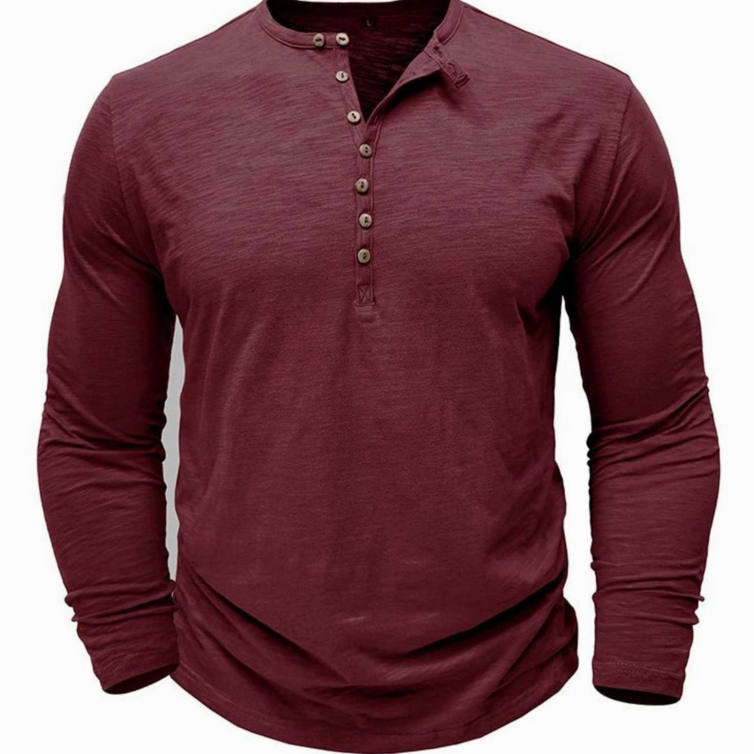 Men's Long-Sleeve Henley Shirt Button-Up Casual Tee - Red
