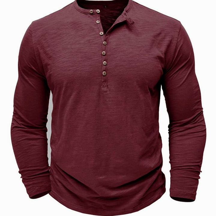 Men's Long-Sleeve Henley Shirt Button-Up Casual Tee - Red