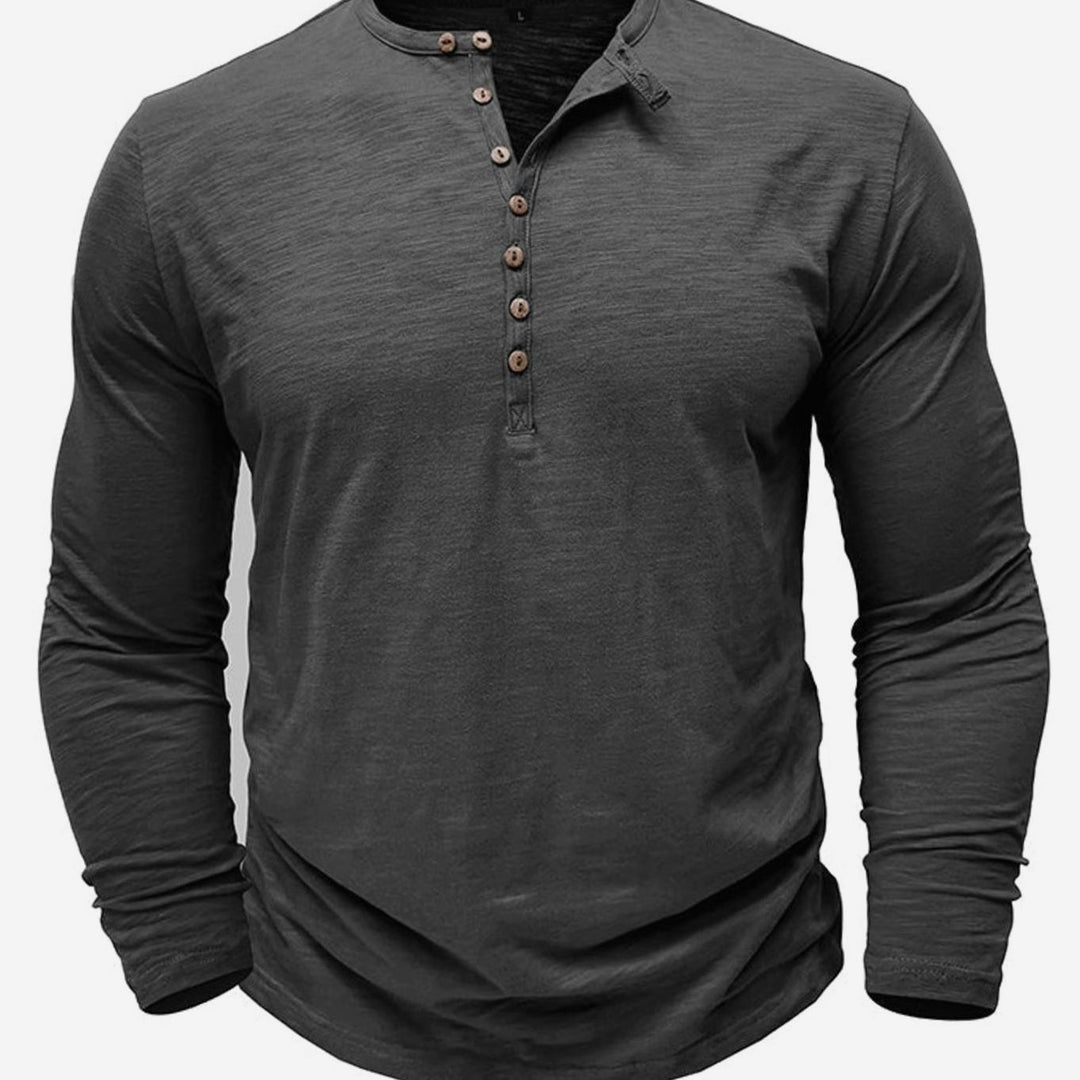 Men's Long-Sleeve Henley Shirt Button-Up Casual Tee - Grey
