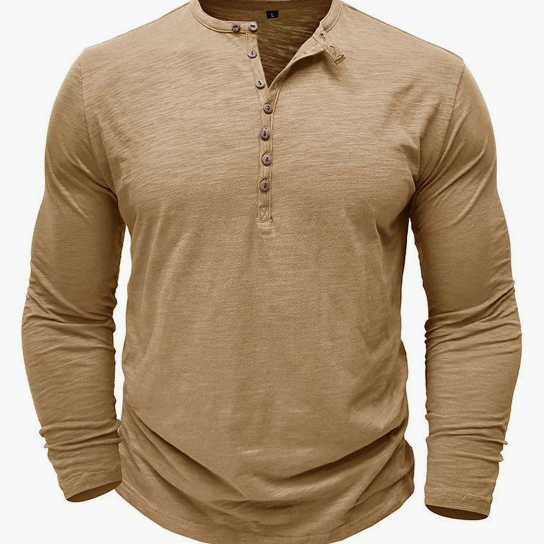 Men's Long-Sleeve Henley Shirt Button-Up Casual Tee