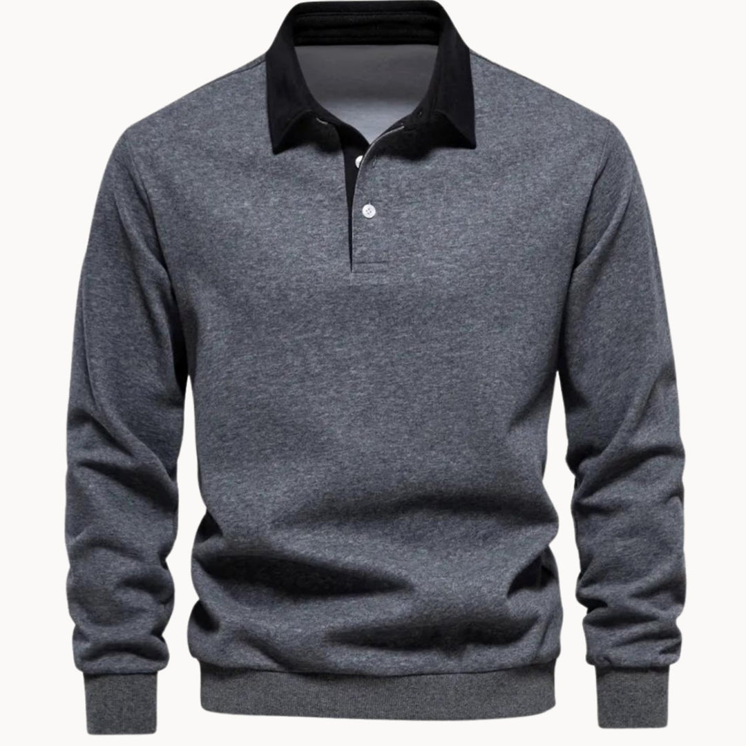 Men's Long-Sleeve Polo-Collar Contrast Style Sweater - Gray