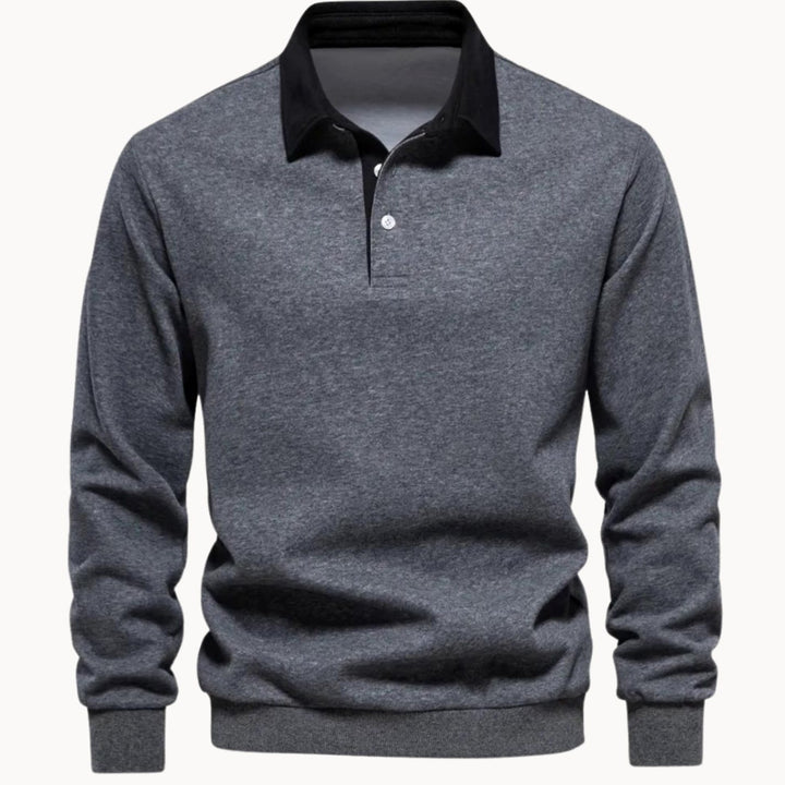 Men's Long-Sleeve Polo-Collar Contrast Style Sweater - Gray
