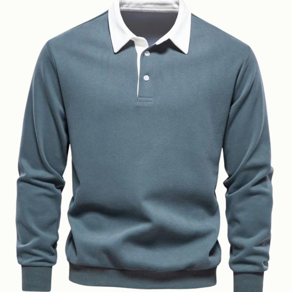 Men's Long-Sleeve Polo-Collar Contrast Style Sweater - Green