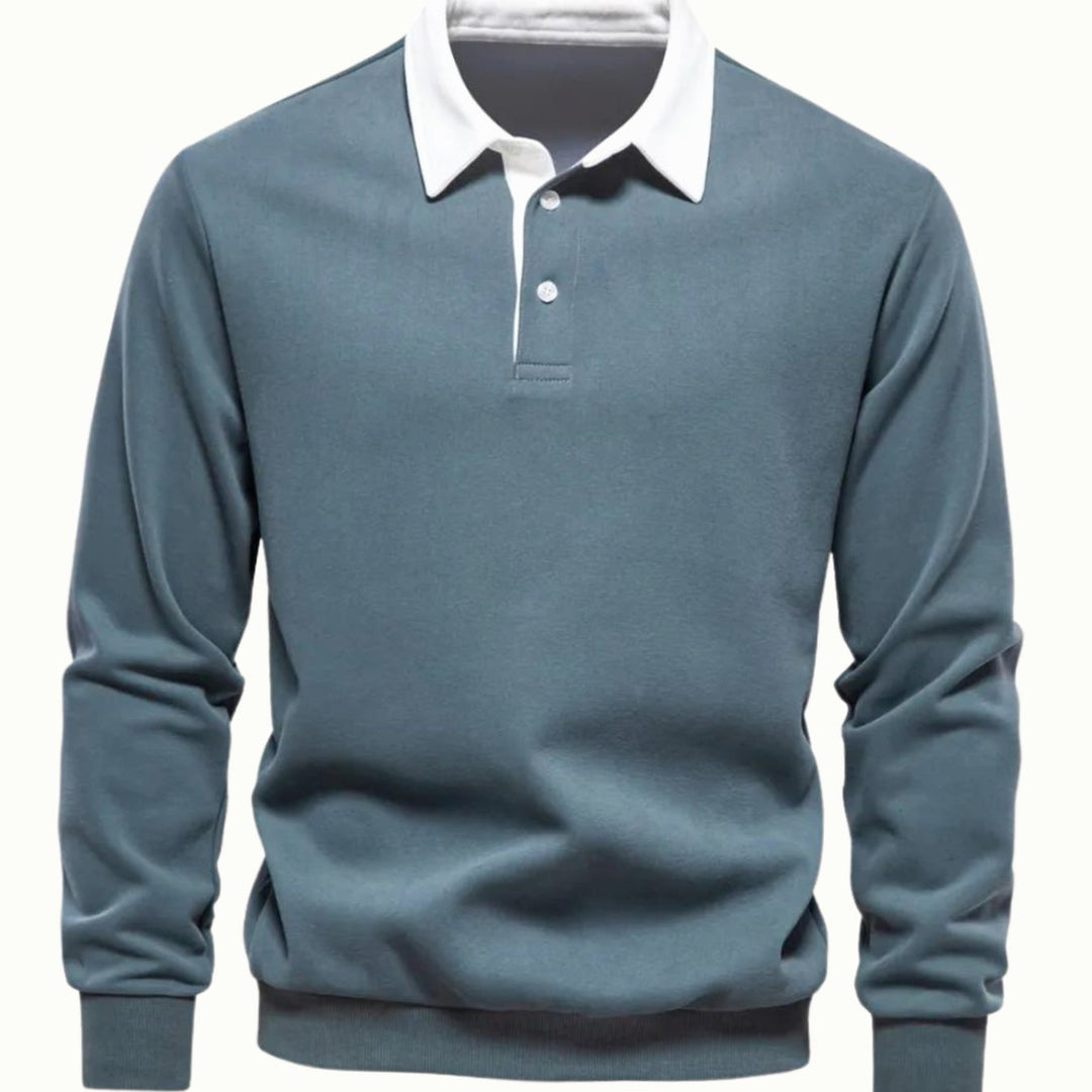 Men's Long-Sleeve Polo-Collar Contrast Style Sweater - Green