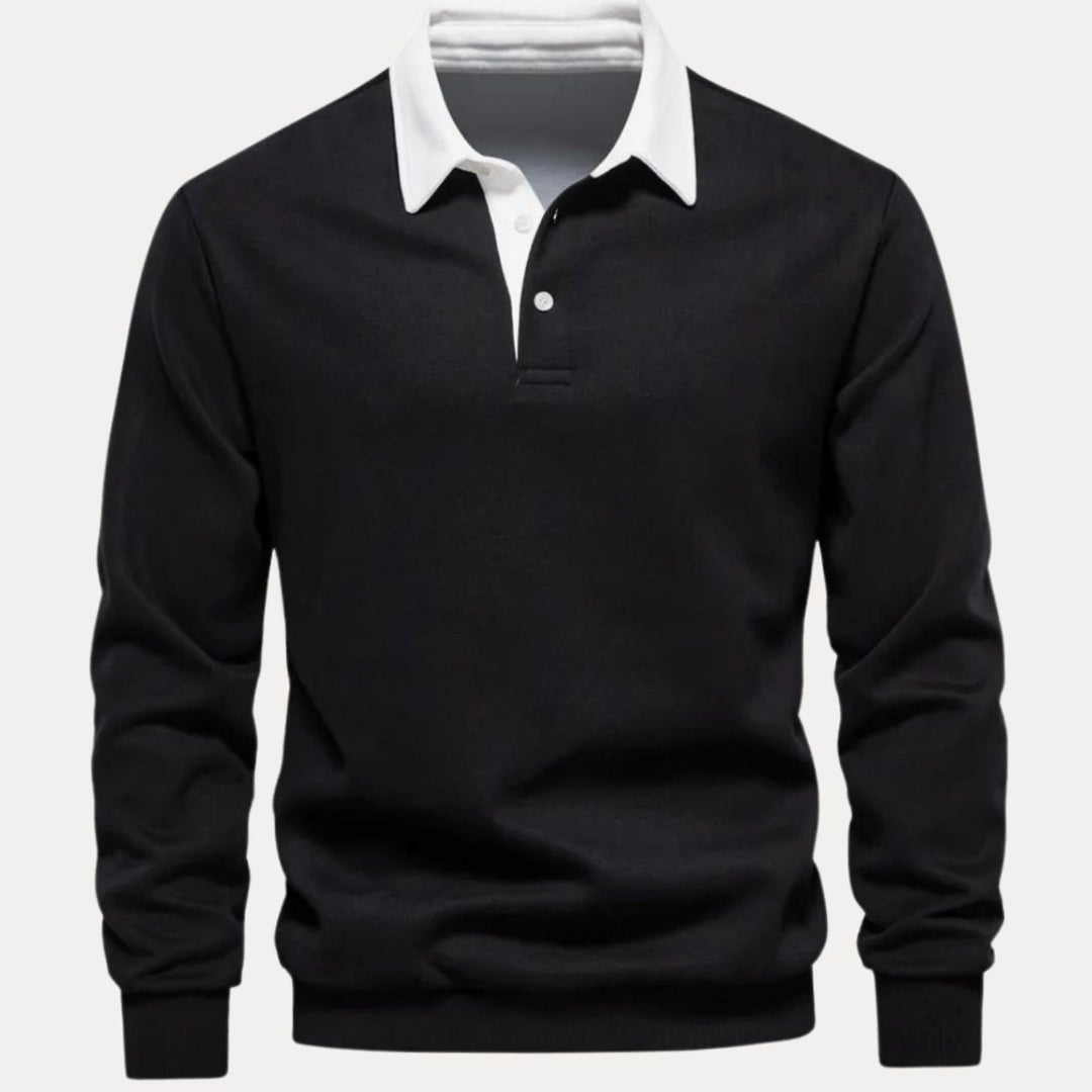 Men's Long-Sleeve Polo-Collar Contrast Style Sweater - Black