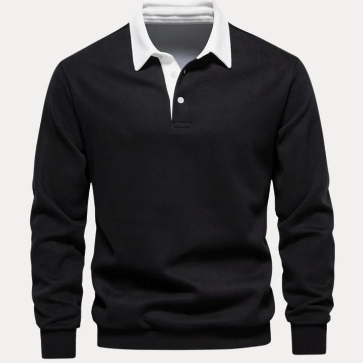 Men's Long-Sleeve Polo-Collar Contrast Style Sweater - Black
