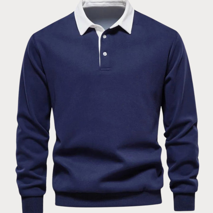 Men's Long-Sleeve Polo-Collar Contrast Style Sweater - Navy