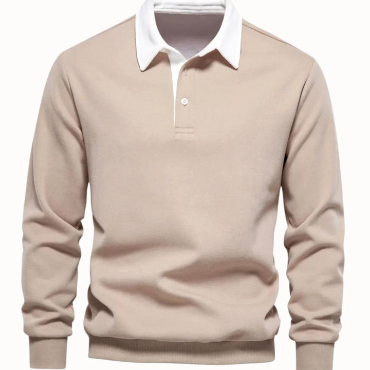 Men's Long-Sleeve Polo-Collar Contrast Style Sweater - Khaki