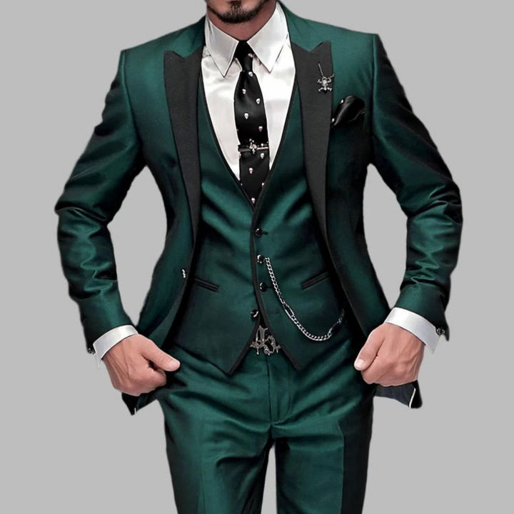 Men's Luxury Three-Piece Wedding Suit Set Slim-Fit Contrast Lapel - Dark Green