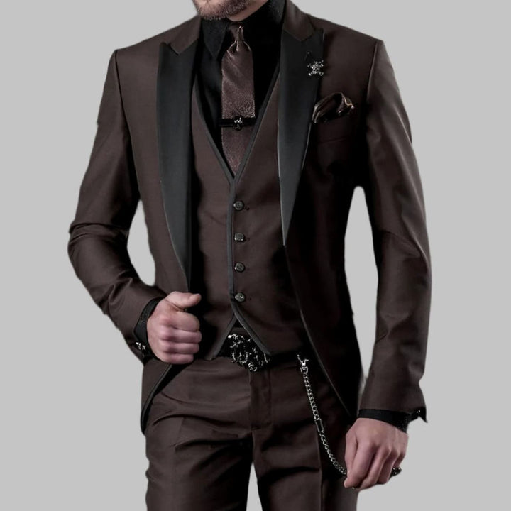 Men's Luxury Three-Piece Wedding Suit Set Slim-Fit Contrast Lapel - Coffee