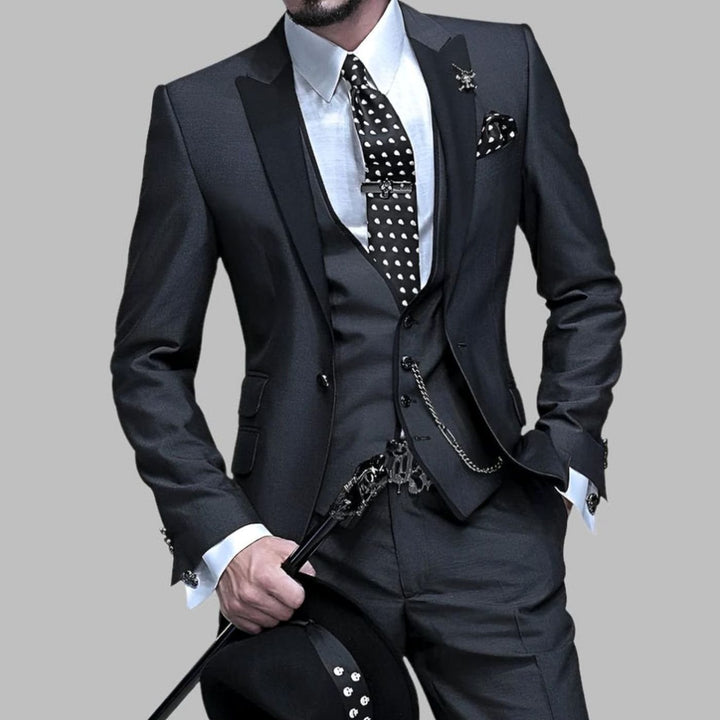 Men's Luxury Three-Piece Wedding Suit Set Slim-Fit Contrast Lapel - Black