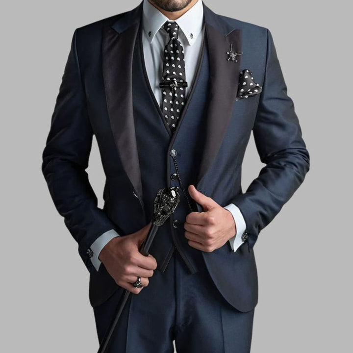 Men's Luxury Three-Piece Wedding Suit Set Slim-Fit Contrast Lapel - Navy Blue