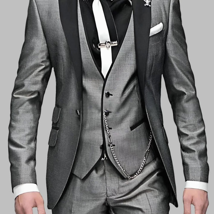 Men's Luxury Three-Piece Wedding Suit Set Slim-Fit Contrast Lapel - Grey