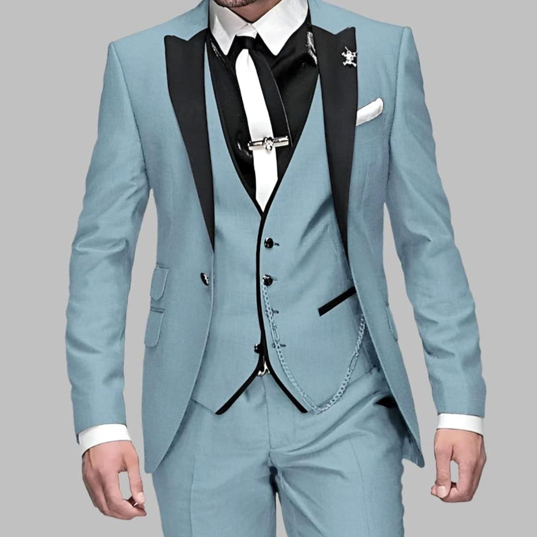Men's Luxury Three-Piece Wedding Suit Set Slim-Fit Contrast Lapel - Light Blue