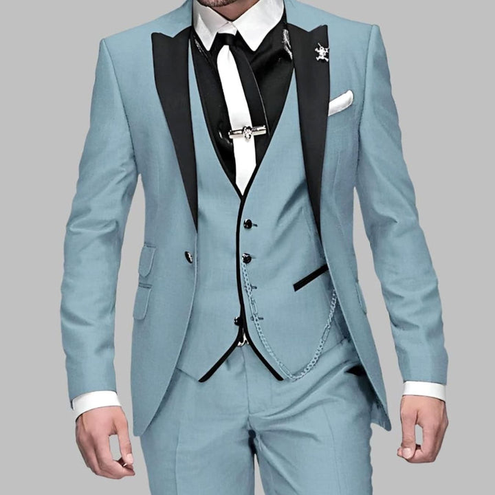 Men's Luxury Three-Piece Wedding Suit Set Slim-Fit Contrast Lapel - Light Blue