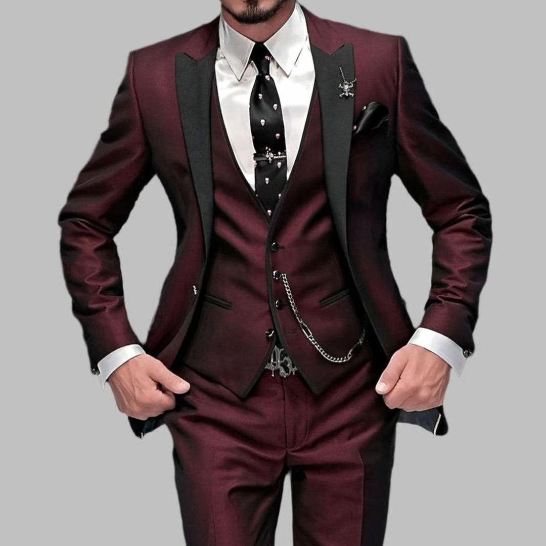 Men's Luxury Three-Piece Wedding Suit Set Slim-Fit Contrast Lapel - Burgundy Red