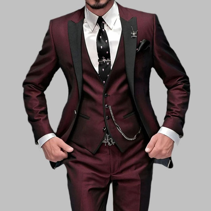 Men's Luxury Three-Piece Wedding Suit Set Slim-Fit Contrast Lapel - Burgundy Red