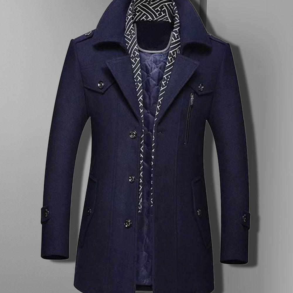 Men's Military-Inspired Double-Breasted Wool-Blend Style Overcoat - Blue