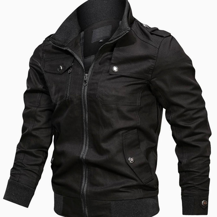 Men's Multi-Pocket Military-Style Cotton Bomber Jacket - Black