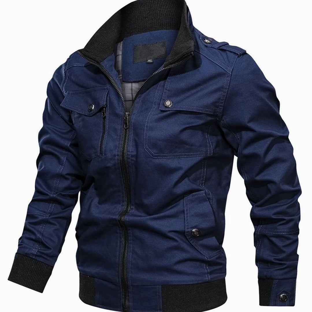 Men's Multi-Pocket Military-Style Cotton Bomber Jacket - Dark Blue