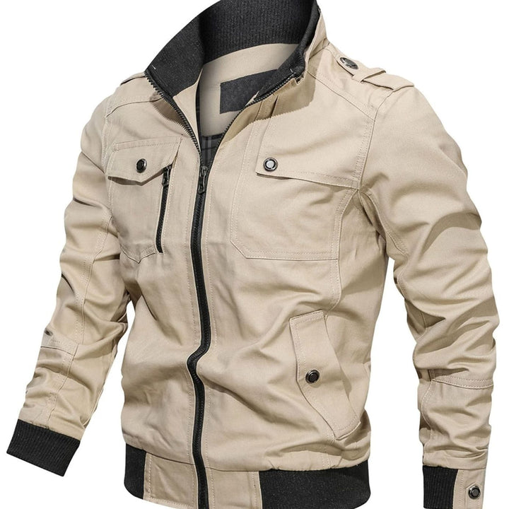Men's Multi-Pocket Military-Style Cotton Bomber Jacket - Light Khaki