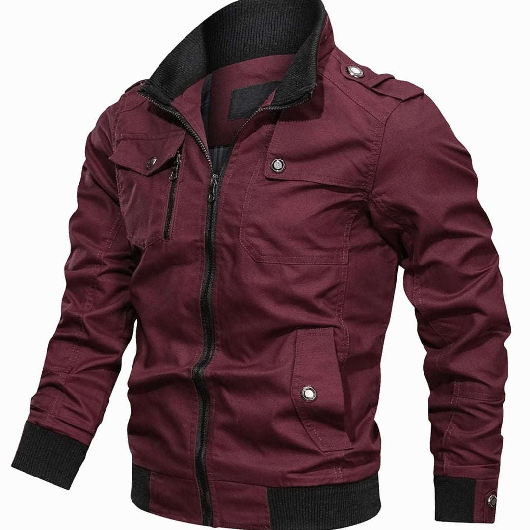 Men's Multi-Pocket Military-Style Cotton Bomber Jacket - Burgundy