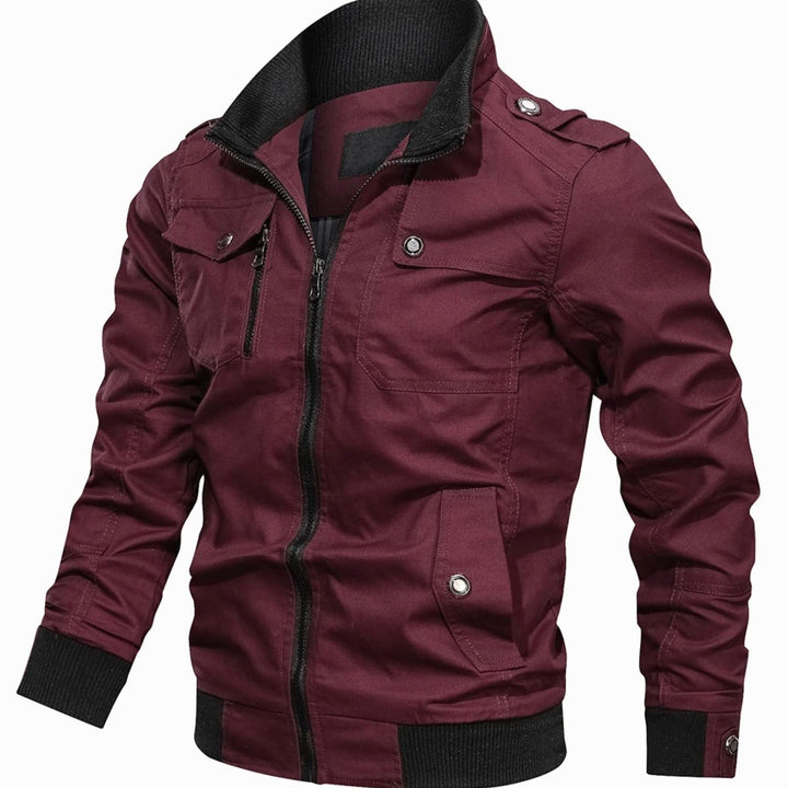 Men's Multi-Pocket Military-Style Cotton Bomber Jacket - Burgundy