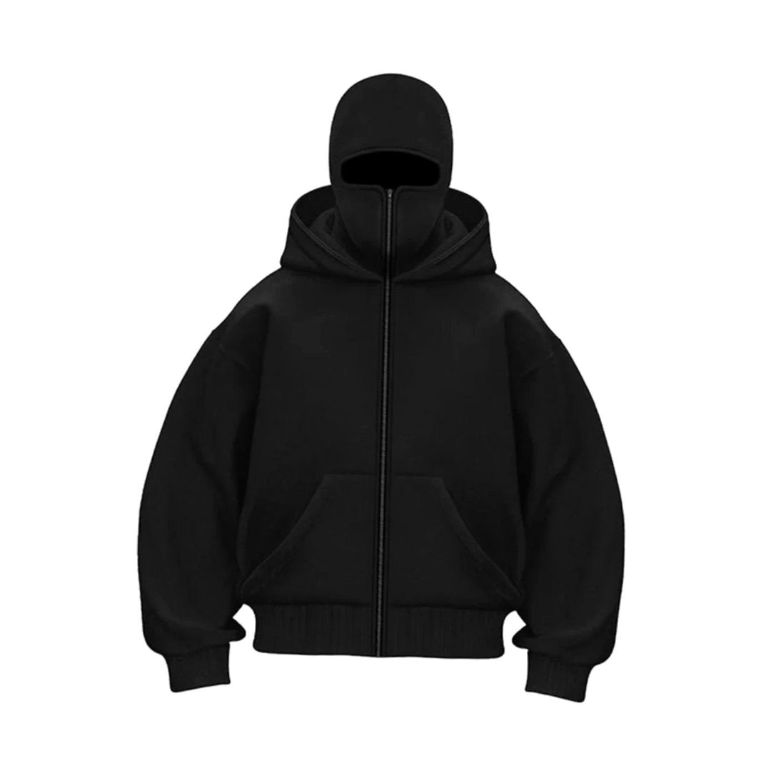 Men's Oversized Full-Zip Balaclava Face Cover Hoodie Jacket - Black
