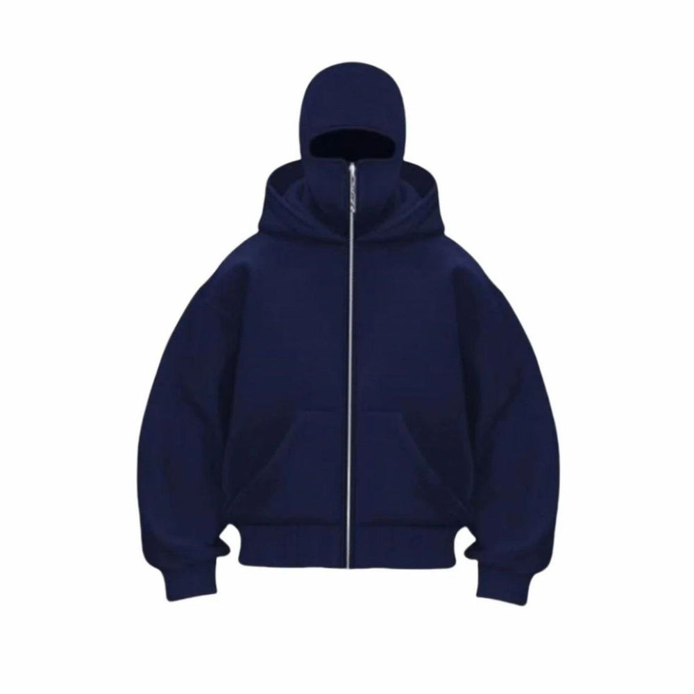 Men's Oversized Full-Zip Balaclava Face Cover Hoodie Jacket - Navy