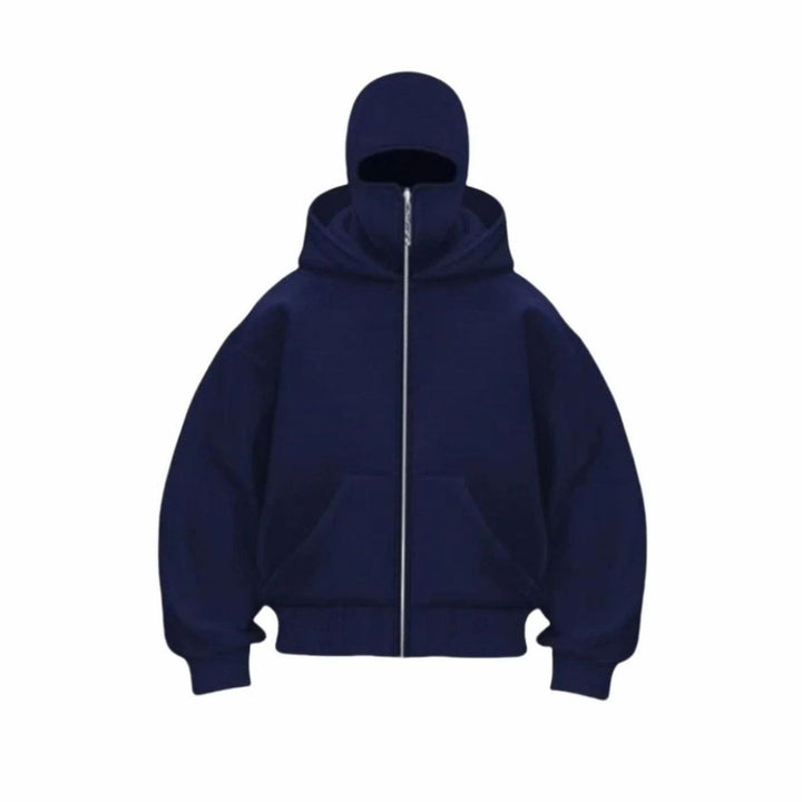 Men's Oversized Full-Zip Balaclava Face Cover Hoodie Jacket - Navy