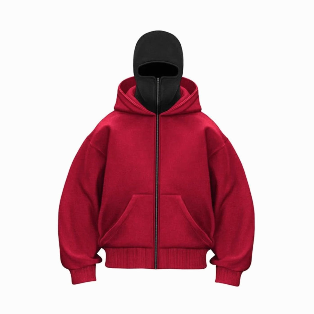 Men's Oversized Full-Zip Balaclava Face Cover Hoodie Jacket - Red