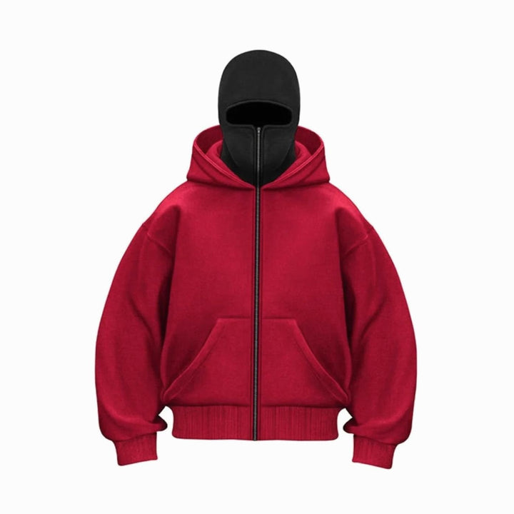 Men's Oversized Full-Zip Balaclava Face Cover Hoodie Jacket - Red