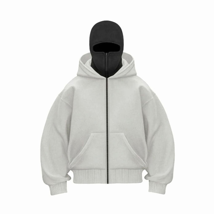 Men's Oversized Full-Zip Balaclava Face Cover Hoodie Jacket - Grey