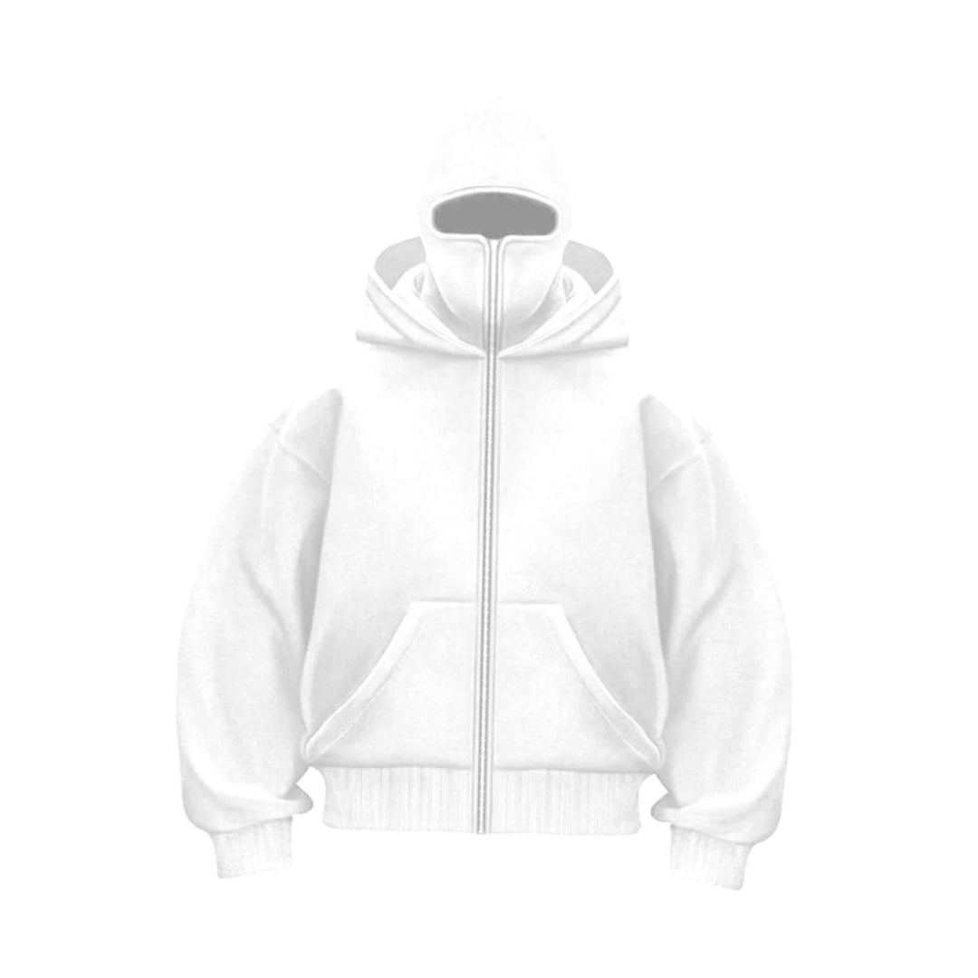 Men's Oversized Full-Zip Balaclava Face Cover Hoodie Jacket - White