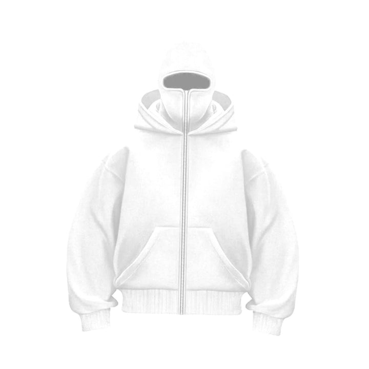 Men's Oversized Full-Zip Balaclava Face Cover Hoodie Jacket - White