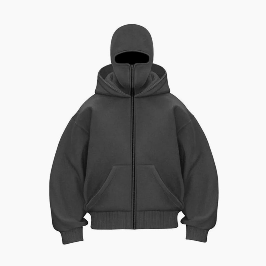 Men's Oversized Full-Zip Balaclava Face Cover Hoodie Jacket - Dark Grey