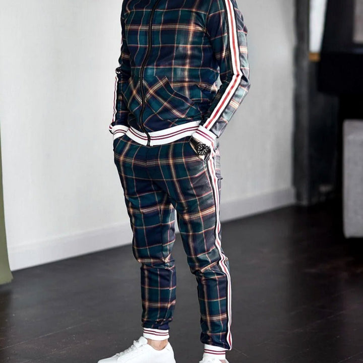 Men's Plaid Two-Piece Zip-Up Jogging Tracksuit Set - Green