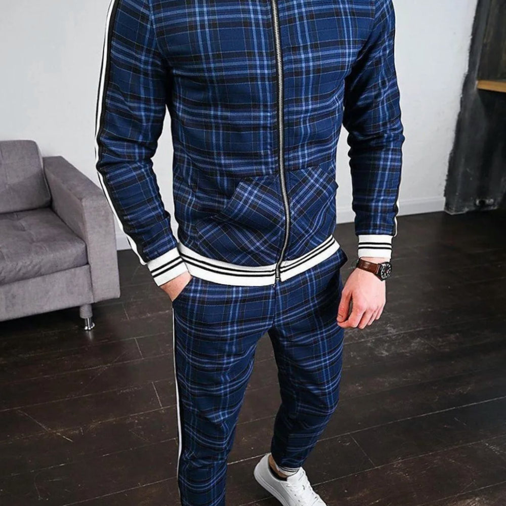 Men's Plaid Two-Piece Zip-Up Jogging Tracksuit Set - Blue