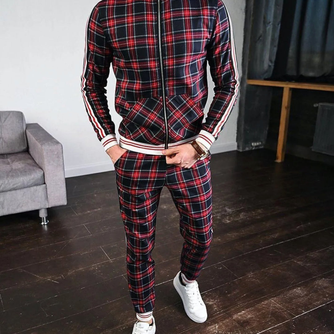 Men's Plaid Two-Piece Zip-Up Jogging Tracksuit Set - Red